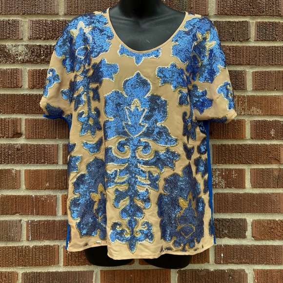 Neiman Marcus Tops - Neiman Marcus Tracy Reese NWT Women’s Beige & Blue Sequin Blouse Medium